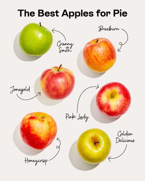 The Best Apples for Pies on a white surface: Granny Smith, Braeburn, Jonagold, Pink Lady, Honeycrisp, Golden Delicious Apples For Pie, Apple Pie Apples, Best Apples For Apple Pie, Apples For Apple Pie, Apple Pie Ingredients, Pie Crust Top, Lattice Pie, Best Apples For Baking, Salted Caramel Apple Pie