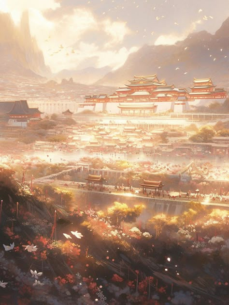 Chinese Kingdom Fantasy Art, Chinese City Fantasy Art, Fantasy Chinese City, Chinese Fantasy Art Landscape, Chinese Kingdom, Dnd Cities, Random Scenery, Aesthetic Outside, Unknown Creatures