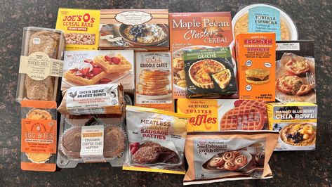 Trader Joes Breakfast Ideas, Trader Joes Frozen Breakfast, Trader Joes Breakfast, Trader Joe’s Brunch, Trader Joe’s Breakfast, Breakfast From Trader Joe’s, Trader Joe’s French Toast, Cinnamon Coffee Cake Muffins, Peanut Butter Cereal Bars