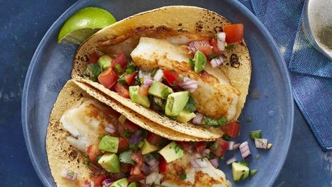 Beer-Battered Fish Tacos with Tomato & Avocado Salsa Recipe | EatingWell Salsa For Fish Tacos, Salsa For Fish, Battered Fish Tacos, Beer Battered Fish Tacos, Tomato Avocado, Beer Battered Fish, Sunday Dinner Recipes, Beer Battered, Battered Fish