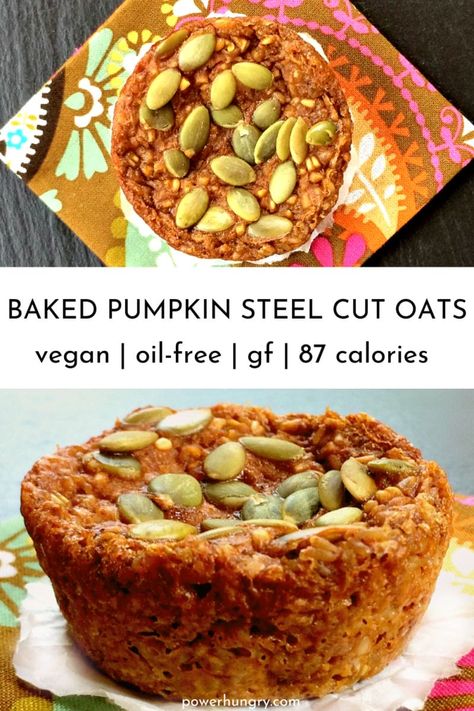 Vegan oil-free baked pumpkin steel cut oats, made in convenient muffin form! They are also gluten-free & only 87 calories each. #pumpkin #pumpkinoats #wfpb #wfpbrecipe #oilfreevegan #wfpbno #healthybreakfast #under100calories #muffintin #muffinpan #vegan #plantbased #steelcutoats #bakedoats #bakedoatmeal #veganoats #lowcaloriebreakfast Reid Diet, Steel Cut Oat Muffins, Pumpkin Steel Cut Oats, Steel Cut Oats Recipe, Pumpkin Cakes, Vegan Recepies, Pumpkin Oats, Inflammation Diet, Low Calorie Breakfast