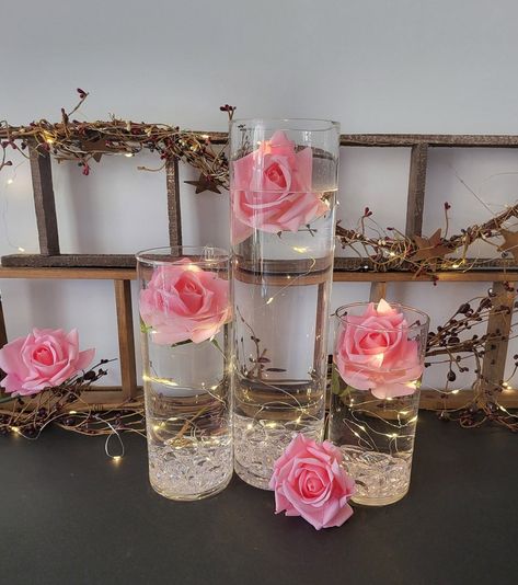 Set of 3 Rose Wedding Centerpiece LED Lights Submersible Floral Glass Cylinder Vases for Table Decoration Housewarming Gift Wedding Decor - Etsy Rose Birthday Decorations, Pink Rose Decorations, Rose In Vase Centerpiece, Pink Roses Centerpieces Ideas, Sweet 16 Table Decorations, Birthday Centerpiece Ideas, Cylinder Vase Centerpiece, Nutcracker Table, Warrior Bride