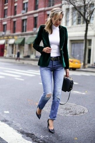 Dark Green Blazer Outfit, Green Turtleneck Outfit, Velvet Blazer Outfit, Green Blazer Outfit, Velvet Blazer Women, Dark Green Blazer, Green Velvet Blazer, Blazer Verde, Outfits Con Jeans