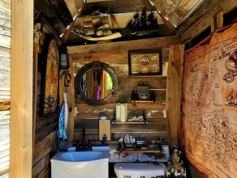 Caribbean Theme Bathroom, Pirate Bathroom Ideas, Pirate Theme Bathroom, Pirate Themed Bathroom, Pirate Living Room, Pirate Ship Bathroom, Shipwreck Bathroom, Nautical Horror, Pirate Vbs