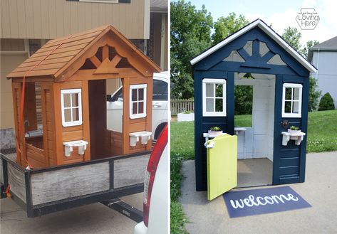 Cedar Playhouse Makeover, Wooden Playhouse Paint Ideas, Kidcraft Playhouse Makeover, Wood Playhouse Makeover, Backyard Discovery Sweetwater Playhouse Makeover, Playhouse Paint Ideas, Wooden Playhouse Makeover, Repainting Plastic Playhouse, Playhouse Redo