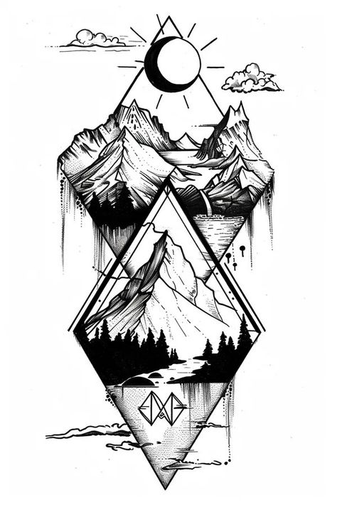 Tattoo idea: tattoo sketch I see fire inside the mountain. geometri 2 Mountain Tattoo Sketch, I See Fire, Idea Tattoo, New Tattoo Designs, Fire Inside, Mountain Tattoo, Tattoo Sketch, Card Tattoo, Top Tattoos