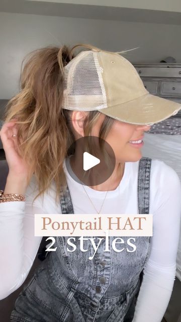 Ponytail With Hat Hairstyles, Ball Cap Ponytail, Ponytail For Hats, Hat And Clip Hair, Hair In Baseball Cap Style, Hat Ponytail Hack, Baseball Hat Ponytail Hairstyles, Hair Styles For Ball Caps, Hair Dos With Hats