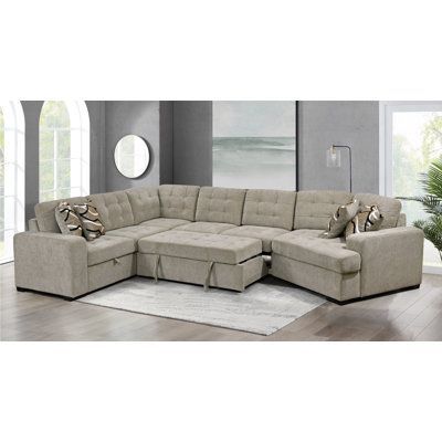 This oversized sectional sofa with a storage chaise is a versatile and comfortable piece of furniture designed for large spaces such as dorms or apartments. The main color of the sofa is a stylish grey, and it is manufactured in China using upholstered material filled with foam for added comfort. Fabric: Light Gray Polyester Blend | Multi Color Sectional - Hokku Designs Qaiss 4 - Piece Upholstered Corner Sectional 36.5 H x 149.0 W x 97.5 D in grayPolyester | 97.5" L x 149.0" W x 36.5" H | Wayfai Chaise Lounge Couch, Oversized Sectional, Oversized Sectional Sofa, Large Sectional Sofa, Sofa Bed With Chaise, U Shaped Sectional Sofa, Lounge Couch, Apartment Dorm, Pull Out Sofa Bed