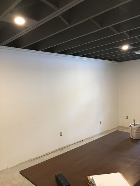 Brown Basement Ceiling, Dark Grey Basement Ceiling, Gray Basement Ceiling, Basement Entertainment Center, Basement Ceiling Painted, Basement Entertainment, Gray Basement, Ceiling Painted, Basement Living