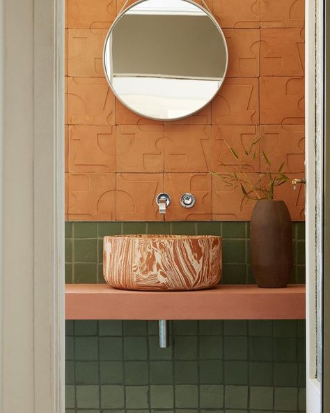 What is not to like about this bathroom? The textured tiled wall matches perfectly with the marbled sink and the colours are everything we like. Stunning project by @cristinacelestino Image by @teozanin #decor #decoration #design #designer #home #homedecor #homedesign #homeinspo #homestyle #homesweethome #inspiration #instagood #instahome #interior #interior123 #interiordecor #interiordecorating #interiordesign #interiordesigner #interiorinspiration #interiorinspo #interiors #interiorstyle Funky Bathrooms, Textured Bathroom, Plant Vessels, Business Photoshoot, Spa Retreat, Bath Or Shower, Handmade Tiles, Room Layout, Interior Inspo