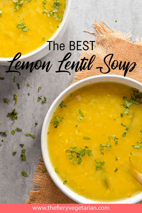 This beautiful easy, healthy and nutritious lemon lentil soup recipe can be made on the stovetop, in the instant pot, in a pressure cooker or using a crockpot, and all in under 25 minutes! (well, except the slow cooker...). Light brothy lemony goodness with ginger and cilantro and Indian flavours, the perfect bright pick-me-up soup or light starter. It's also vegan and gluten-free! Make it today, you won't regret it! Lemony Lentil Soup, Instant Pot Lentil Soup Vegan, Lemon Lentil Soup Recipe, Vegan Curry Lentil Soup, Lemony Red Lentil Soup, Spicy Vegan Recipes, Spicy Vegetarian Recipes, Lentil Tumeric Lemon Soup, Vegan Stew Recipes