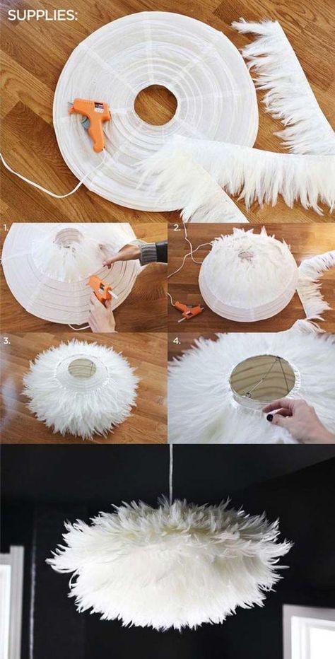 Abat-jour Diy, Dekorasi Bohemia, Koti Diy, Feather Chandelier, Desk Diy, Diy Lampe, Diy Casa, Diy Bricolage, Diy Chandelier