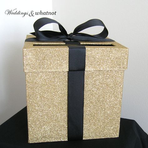 X-Large Gold and Black Wedding Card Box with by WeddingsAndWhatnot Gold Card Box Wedding, Gold Card Box, Diy Card Box, Gold Reception, Silver Card, Gold Glitter Wedding, Black Gold Wedding, Navy Ribbon, Wedding Card Box