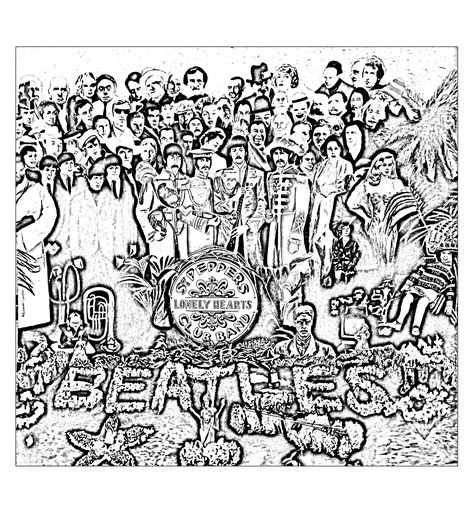 An adult coloring page inspired by The Beatles album : Sgt Peppers Lonely Hearts Club band | From the gallery : Psychedelic Beatles Crafts, Sgt Peppers Lonely Hearts Club Band, Coloring Pages For Teenagers, Beatles Sgt Pepper, Lonely Hearts Club, Beatles Albums, Sgt Pepper, Beatles Yellow, Adult Colouring Pages