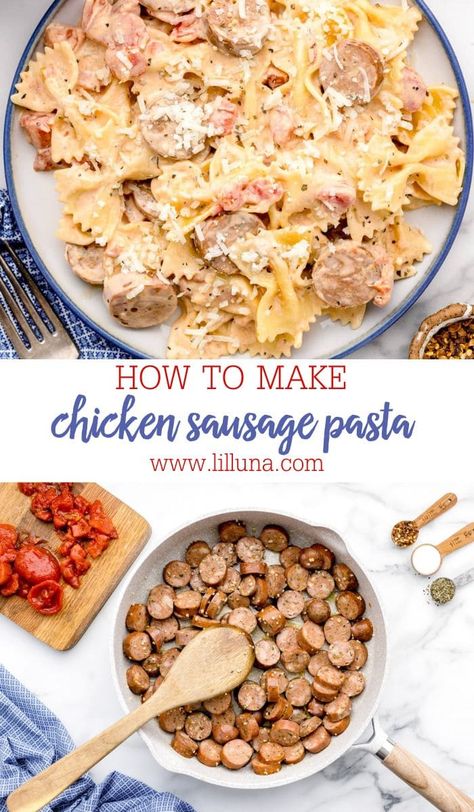 Creamy chicken sausage pasta is a quick and simple dinner dish that is on the table in no time. It's a family favorite! #chicken #sausage #pasta #sausagepasta #dinner Creamy Chicken Sausage Pasta, Recipes With Chicken Sausage Links, Easy Chicken Sausage Recipes, White Cream Sauce Pasta, Chicken Sausage Recipes Pasta, Easy Dinner Dishes, Ricotta Stuffed Chicken, Chicken Sausage Recipes, Chicken Sausage Pasta