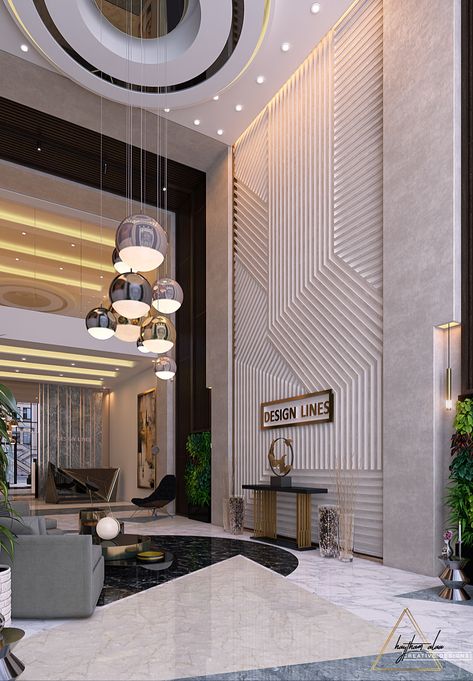 decoration gallery on Behance Apartment Ceiling Design, Lobby Wall Design, Lobby Ceiling Design, High Ceiling Living Room Modern, Lobby Designs, Modern Lobby, Double Height Living Room, درج السلم, Tv Fal