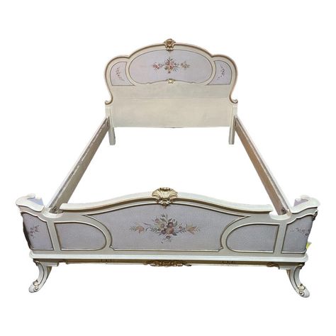 A beautiful bed for sale. Cram painted and crakle finish French bed with gilt elements. In very good, vintage condition. Dimensions are 170 cm wide by 221 long and 126 high. Coquette Bed Frame Queen, Pretty Bed Frames, Coquette Bed Frame, Rococo Room, Baroque Bedroom, Mermaid Cottage, Bed For Sale, Pretty Bedding, Magical Furniture