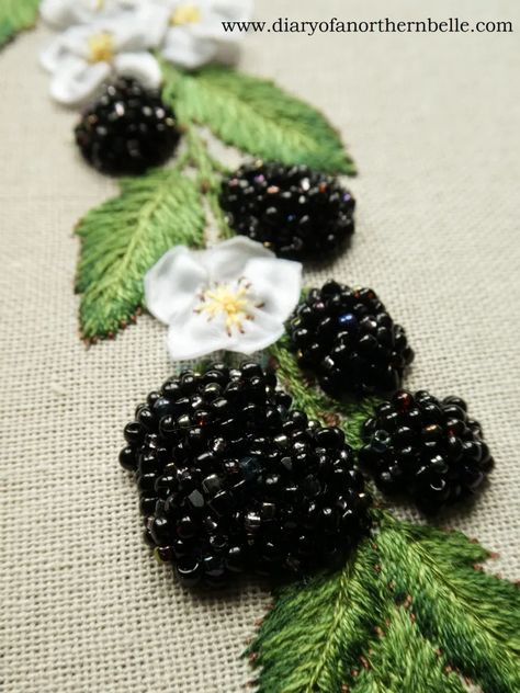 Blackberry Embroidery Pattern, Embroidery Blackberries, Bramble Embroidery, Blackberry Embroidery, Beads On Clothes, Beadwork Embroidery Patterns, Bead Work Embroidery, Embroidery With Beads, Beading Embroidery