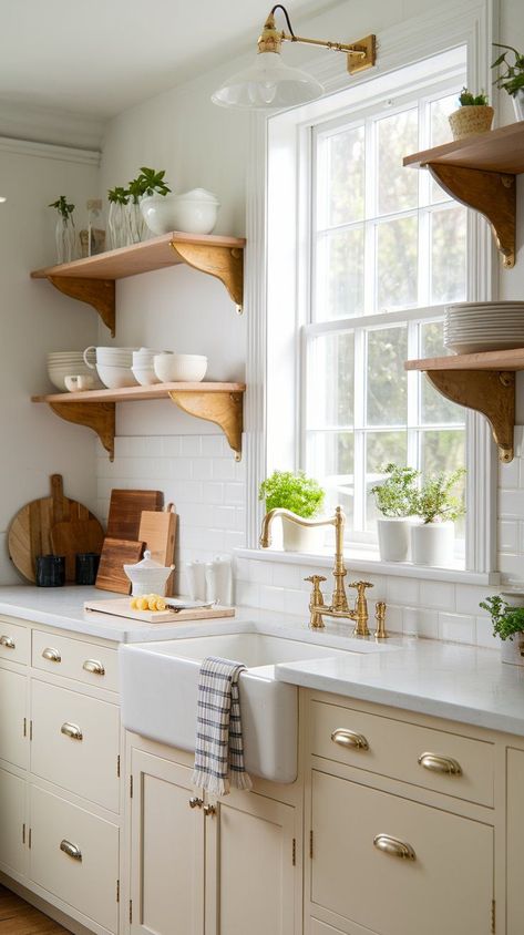 Explore small cottage kitchen ideas with a farmhouse style twist. These design ideas will help you bring cozy charm and practical storage solutions to... Kitchens Small Spaces, Cabinet Above Sink, Small Cottage Kitchen Ideas, Cottage Kitchen Shelves, Rustic Cottage Kitchens, Small Open Kitchens, Cottage Kitchen Ideas, Modern Cottagecore, Above Sink