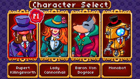 I've been working on the character select screen for Monsters & Monocles this week. Four player co-op is so much fun! :D Quick Games, Pixel Characters, Octopus Design, Hack And Slash, Video Game Design, Video Trailer, Pixel Games, Pc Windows, 8 Bits