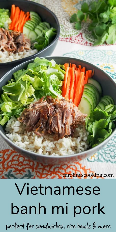 This slow cooked Vietnamese banh mi pork is the perfect base for the traditional sandwiches, rice bowls and more. Quick to prepare, ideal for meal prep, it's tender and flavorful. Banh Mi Pork, Vietnamese Banh Mi, Vietnamese Pork, Vietnamese Cuisine, Asian Inspired Recipes, Banh Mi, Poke Bowl, Slow Cooked, Vietnamese Recipes