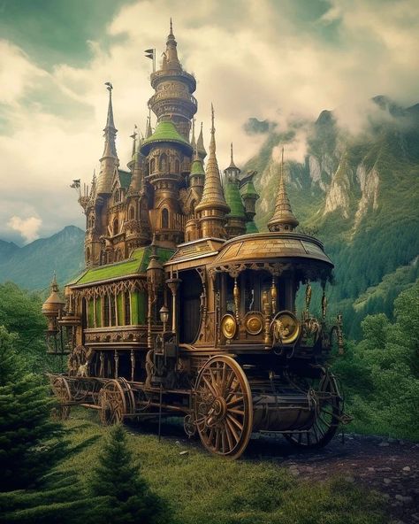 Steampunk Island, Fantasy Transportation, Steampunk Automobile, Steampunk Landscape, Fantasy Transport, Steampunk Machines, Ville Cyberpunk, Steampunk City, Steampunk Furniture