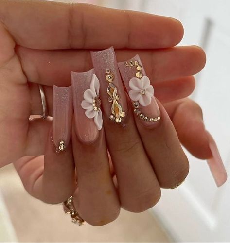 Pink Nails Acrylic Quince, Quince Makeup Looks With Rhinestones, Blush Pink And Gold Quince Nails, Different Types Of 3d Flowers Nails, Medium Square Birthday Nails, White French Tip With Gold Diamonds, Rose Gold 15 Nails, Long Square Acrylic Nails Flowers, Cute 3d Gel Nails