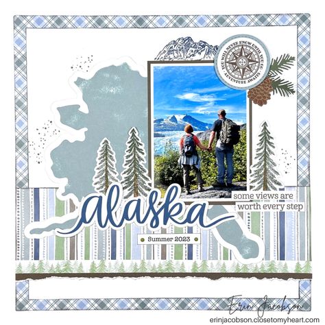 I am very excited to begin my Alaska scrapbook album. This layout, featuring the Gnomes for Winter papers feom Close to My heart, will be the first page in the book! Using a large silhouette of the state from Cricut Design Space makes a big impact and sets the scene for the adventure. Head on over to my YouTube channel to see this layout come together, and hear scrapbooking design tips. Everything I used to create this layout can be found in the description box of the video. #scrapbooking #scrapbook Glacier Scrapbook Layouts, Alaska Scrapbook Pages, Alaskan Cruise Scrapbook Layouts, Alaska Cruise Scrapbook Layouts, Alaska Scrapbook Layouts Alaskan Cruise, Alaska Scrapbook Layouts, Travel Scrapbooking Ideas Layout, Travel Scrapbook Layouts, Nature Scrapbook Layouts