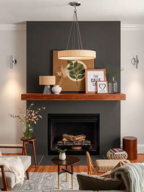 20 Mid Century Modern Fireplace Makeover Ideas for Style Fireplace Ideas Mid Century Modern, Mantle Decor Mid Century Modern, Mid Century Modern Corner Fireplace, Wood Fireplace Remodel, Mid Century Fireplace Surround, Mid Century Modern Fireplace Wall, Mcm Fireplace Mantle, Dark Wood Fireplace Surround, Urban Bronze Fireplace Wall