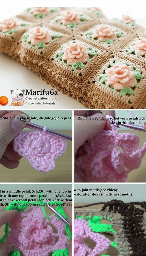 Rose Granny Blanket Crochet Pattern Tutorial Pillowcase Crochet, Granny Squares Blanket, Crochet Flower Granny Square Pattern, Squares Blanket, Crochet Granny Squares, Granny Blanket, Crochet Pattern Tutorial, Crochet Flower Blanket, Crochet Rose Pattern