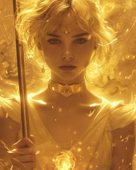 Fantasy Goddess, Sun Magic Powers, Sun Fairy, Anime Sun Goddess, Cyberpunk Sailor Moon, Blonde Priestess Fantasy Art, Goddess Of The Sun Fantasy Art, Power Series, Avatar Films