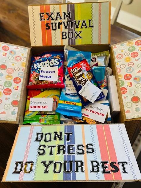 DIY Finals Week College Care Packages: 12 Ideas to Take the Pressure Off - Raising Teens Today Test Care Package, Study Package Gift, Grad School Care Package, Birthday College Care Package Ideas, College Finals Care Package Ideas, Exam Package Ideas, Finals Care Package Ideas, Finals Care Package College, Finals Week Care Package High School