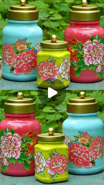 Glass Jar Upcycle Ideas, Spice Jar Upcycle, Decoupage On Glass Jars, Decoupage Glass Jars, Decoupage Candle Jars, Decoupage Glass Jars Paper Napkins, Mark Montano, Decoupage Jars, Decoupage Art