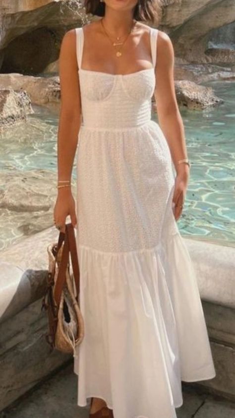 Mediterranean Fashion Women, White Sundress Outfit, Mediterranean Outfit, Parties Outfit, Coastal Girl, Sun Hair, Wardrobe Clothing, Aesthetic Sun, Dinner Party Outfits