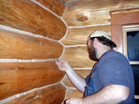 Chinking Interior Walls, Wall Repair, Wood Cabin, Log Cabin Interior, Log Home Interiors, Log Wall, River Cabin, Log Home, Container House Design