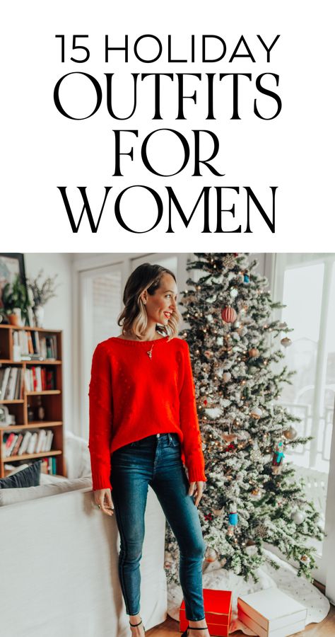 Jeans And Red Sweater Outfit, Casual Red Shoes Outfit, Red Sweater Black Jeans Outfit, Cozy Holiday Party Outfit, Holiday Outfit With Sneakers, Red Sweater With Jeans, Red Blouse Ideas, Christmas Jeans Outfits Women, Christmas Party Outfit Jeans