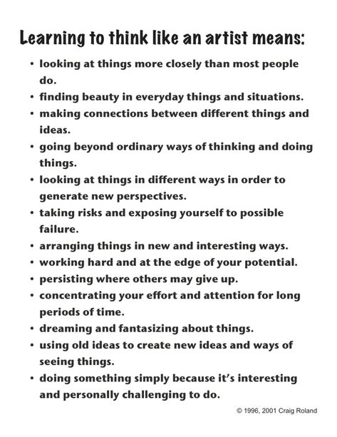 Craig Roland - Learning to Think Like an Artist Classe D'art, Art Handouts, Art Worksheets, Being Creative, Vie Motivation, Art Curriculum, Artist Quotes, High School Art, Middle School Art