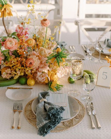 Destination Wedding Planner on Instagram: “In contrast to the soft, muted color palette of our ceremony, the reception was a rainbow of color with touches of Malliouhana’s signature…” Sunset Wedding Color Palette, Muted Rainbow Wedding, Sunset Color Palette Wedding, Sunset Wedding Colors, Mood Boards Color, Sunset Color Palette, Color Palette Wedding, Styled Shoot Ideas, Elegant Plates