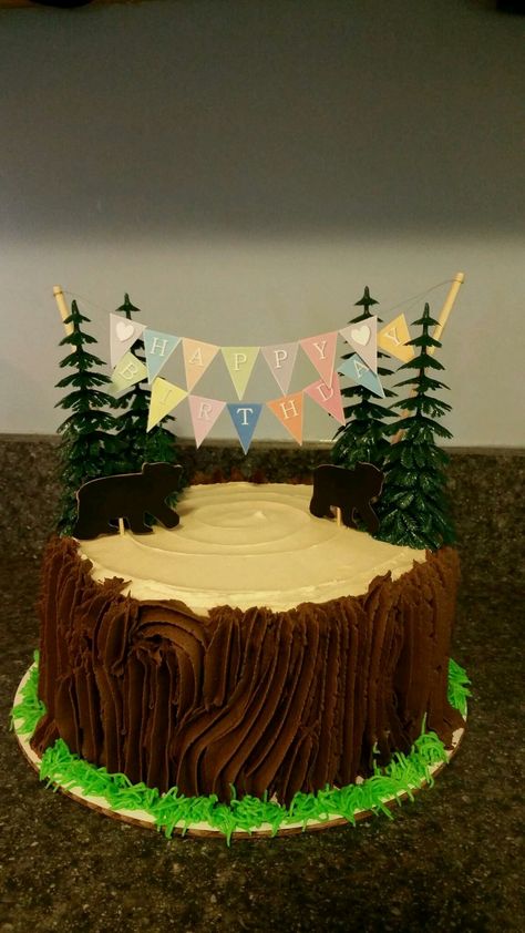 Wood Birthday Cake, Bear Hunt Cake, Forest Theme Cake, Forest Theme Cakes, Woodland Cakes, Animal Baby Shower Cake, Bear Baby Shower Cake, Camo Birthday, Woodland Cake