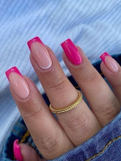 Pink Tipped Acrylic Nails, One Finger French Tip, Short Coffin Pink French Tip Nails, Pink With Pink French Tip, Cute February Nails Pink, French Tip Bright Colors, French Tip And Solid Nails Combo, Dark Pink Tip Nails, Coffin Nails Pink French Tip