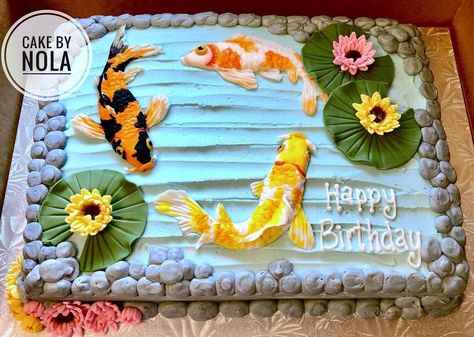 Koi Fish Decor, Pond Cake, Fish Cake Birthday, Frosting Tips, Koi Fish Pond, Summer Cakes, Fish Cake, Fish Pond, Icing Cookies