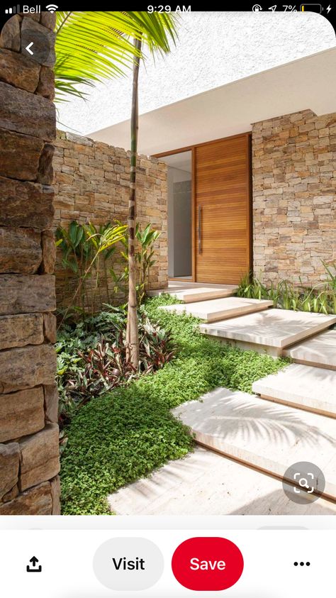 Steps Up To Front Door, Contemporary Landscape Design, Home Designs Exterior, Stone Wall Cladding, Exterior Stairs, Concrete Stairs, Entrance Door Design, Design Exterior, Entry Door