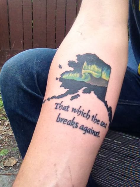 Alaska tattoo. The word Alaska is taken from the Aleut word Alyeska, which translates to "that which the sea breaks against." Looking For Alaska Tattoo, Alaska Tattoo Ideas, Alaskan Tattoos, Watercolor Mountains Tattoo, Collar Bone Tattoo Quotes, Northern Lights Tattoo, Alaska Tattoo, Small Mountain Tattoo, Geometric Mountain Tattoo