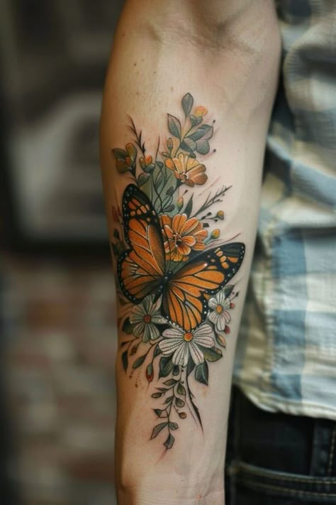 23 Butterfly Tattoo Designs That Will Transform Your Look (And Maybe Your Life) Butterfly Floral Sleeve Tattoo, Floral Butterfly Sleeve Tattoo, Roses Butterfly Tattoo, Botanical Tattoo Butterfly, Tropical Butterfly Tattoo, Butterfly Tattoo Sleeve, Butterfly And Foliage Tattoo, Floral Butterfly Tattoo, Butterfly And Flower Tattoo