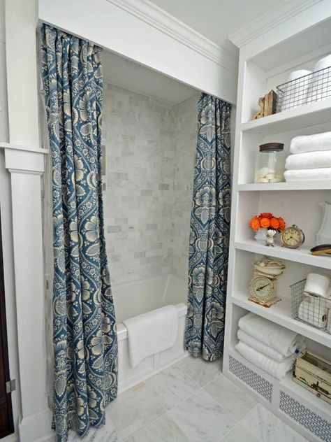 Shower Cornice, Shower Valance, Bath Panel Storage, Curtain With Valance, Redo Bathroom, Wooden Cornice, Shower Curtain With Valance, Two Shower Curtains, Guest Bath Ideas