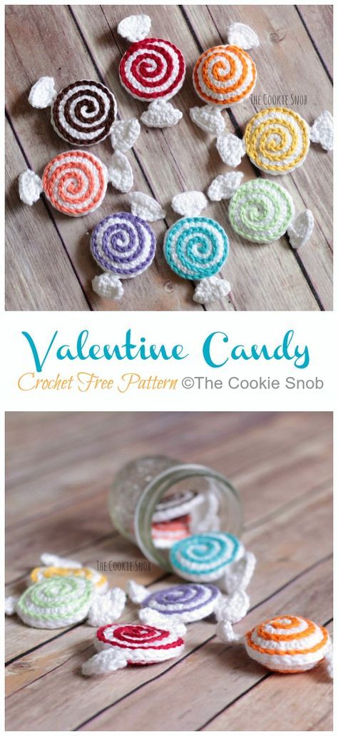 Valentine Candy Crochet Free Patterns - Crochet & Knitting Crochet Candy Applique, Free Crochet Candy Patterns, Crochet Candies Free Pattern, Crochet Candy Ornaments Free Pattern, Crochet Candy Ornaments, Cute Food Crochet, Crochet Candy Pattern, Crochet Candy Pattern Free, Crochet Valentines Garland