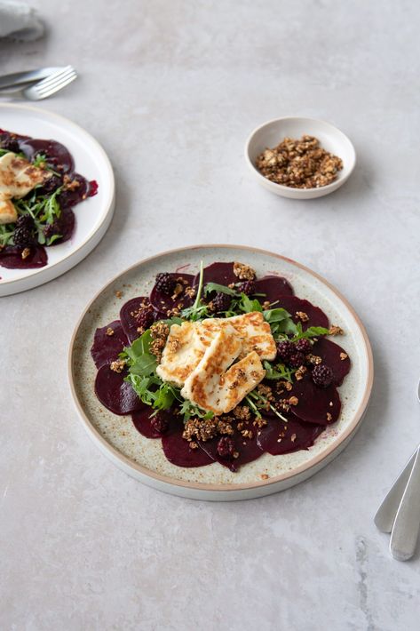 Beetroot Carpaccio, Pickled Blackberries, Halloumi & Granola Beetroot Aesthetic, Pickled Blackberries, Chia Seed Egg, Beetroot Carpaccio, Savory Granola, Nordic Kitchen, Winter Salad, Rapeseed Oil, A Match Made In Heaven