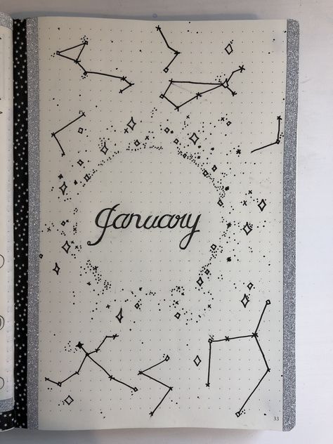 January Bullet Journal Monthly Star Theme #bulletjournal #bujo #stars #2019planner #january #monthlyspread #constellations #blackandwhite #bulletjournalideas #bulletjournaldoodles Stars Journal Ideas, Bujo Stars Theme, Star Journal Ideas, Star Bujo Theme, Bujo Constellation Theme, Bullet Journal January Theme, Bujo January Theme, Bullet Journal Mood Tracker, February Bullet Journal