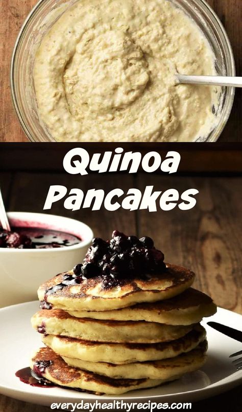 Top down view of quinoa pancake batter in bowl and side view of pancakes stacked on plate. Quinoa Pancakes Vegan, Pancakes With Buttermilk, Quinoa Dessert, Quinoa Desserts, Quinoa Pudding, Savory Quinoa, Quinoa Pancakes, Oatmeal Pancakes Healthy, Quinoa Flour