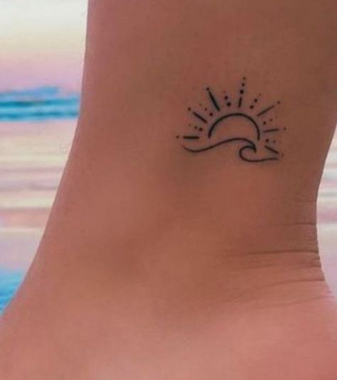 Beach Waves Tattoo Minimalist, Mother Daughter Tattoos Beach Theme, Ocean Tatoos Woman, Bermuda Tattoo Ideas, Ocean Foot Tattoo, Waves And Sun Tattoo, Wave Arm Tattoo, Small Wave Tattoos For Women, Small Beach Tattoo For Women